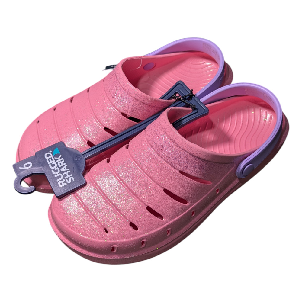 Rugged Shark - Big Kids Clogs - Featuring A Pink Sparkle Design - Size 6 - NWT